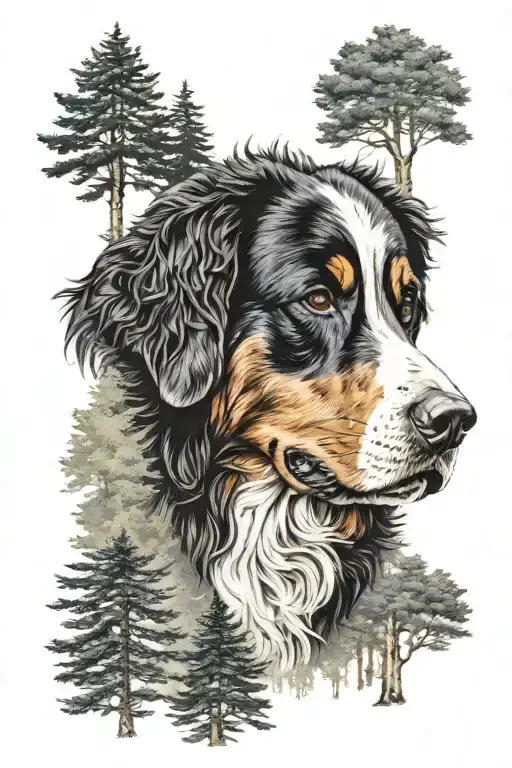 Bernese Mountain Dog In Forest Trees Looking