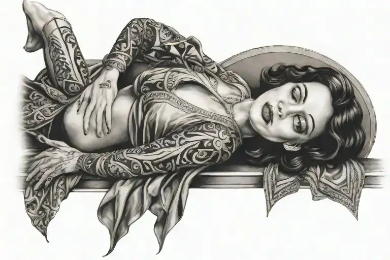 Woman In Love Wearing Long Fabric Laying Down Art Deco