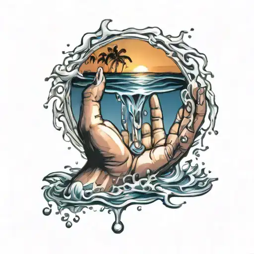 Woman Hands Holding Dripping Water With A Beach Sunset Inside The Water