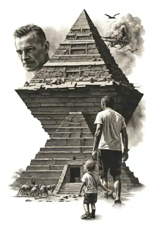 Father And Son Walking Up A Pyramid With Eye Above Them