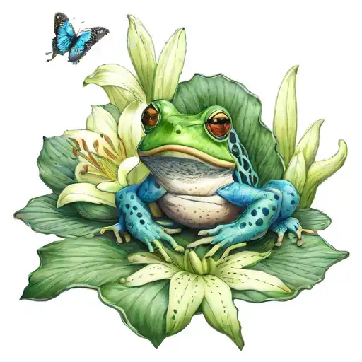 An Frog Wearing A Crown Sitting On A Flower Lily Pad With A Morpho Menelaus Butterfly On Its Nose