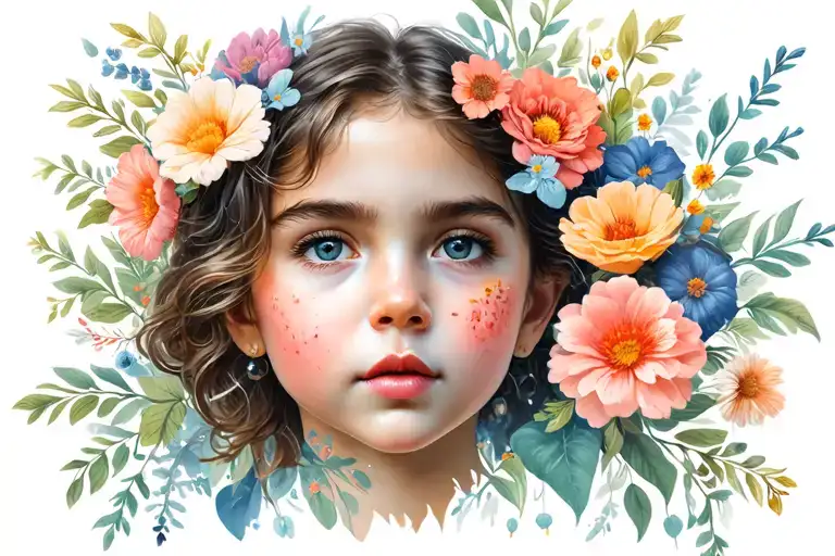 Women Face With Flowers And Kids Playing