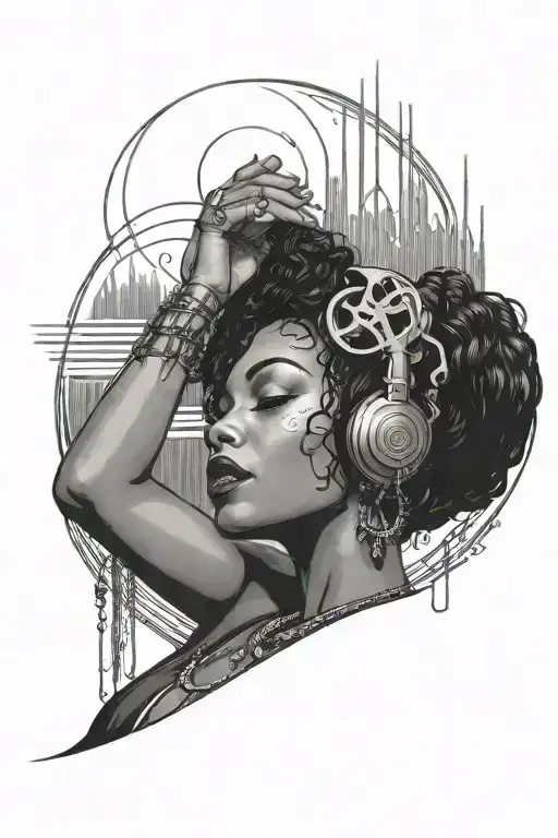 Black Woman Vibing To Music Dark Rainy Night Art Deco Noir