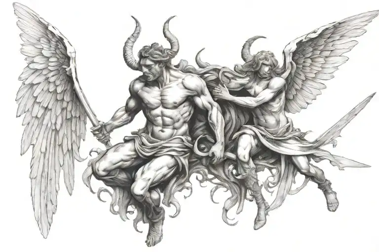 Angel Fighting Demon Mask Surrounded