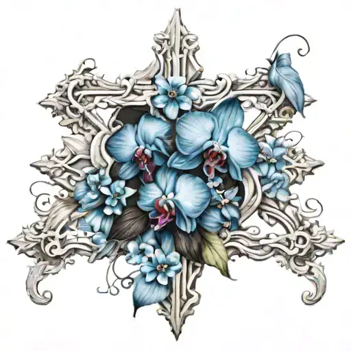Cross With Blue Orchids And Black Roses Intertwined
