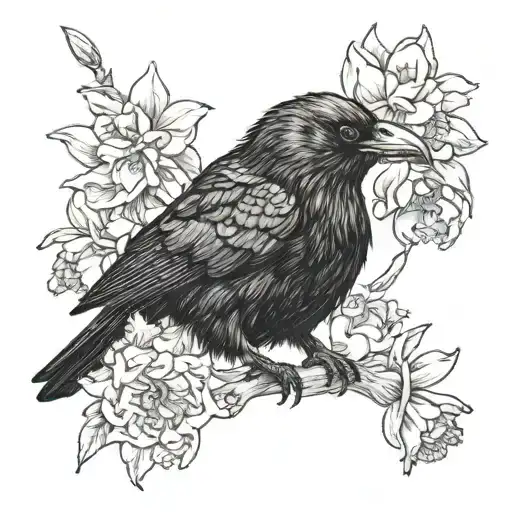 A Crow With A Red String In Its Mouth Surrounded By Daffodils And Carnations Like A