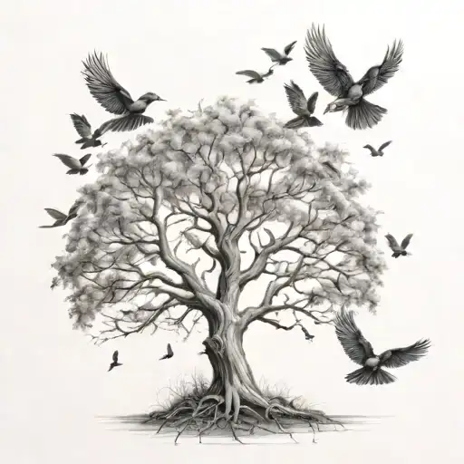 Tree Of Life With Birds Flying Away