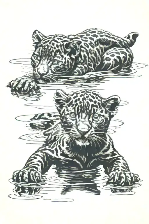 Baby Black Panther Looking At Itself In The Reflection Of The Water Seeing Adult Black Panther