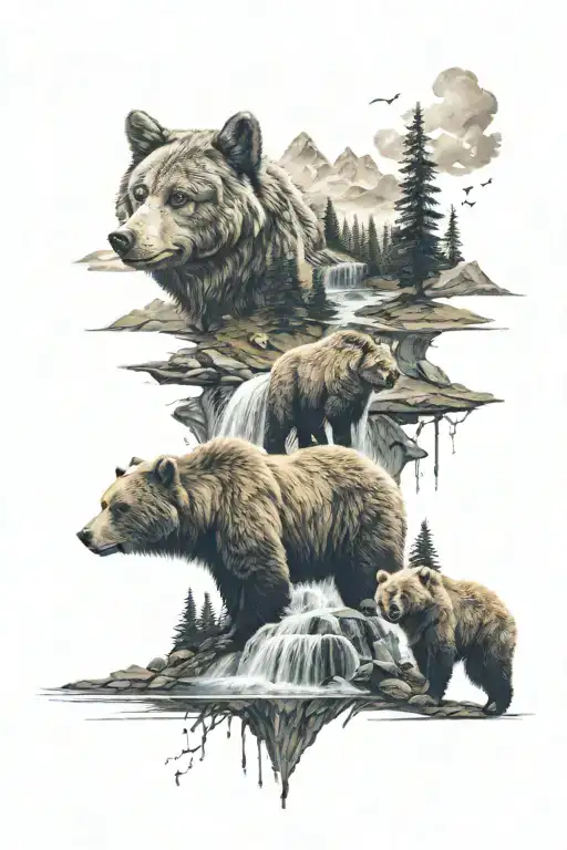 Mountains With Waterfalls And Grasslands With Bears And Wolves In The Background
