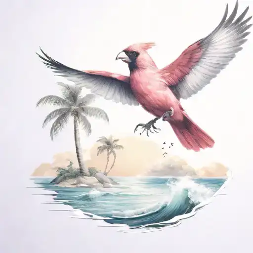 Flying Cardinal To The Ocean And Palm Tree With Clouds