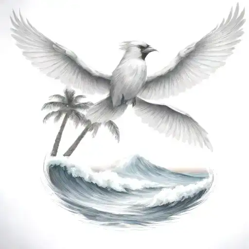 Flying Cardinal To The Ocean And Palm Tree With Big Wave