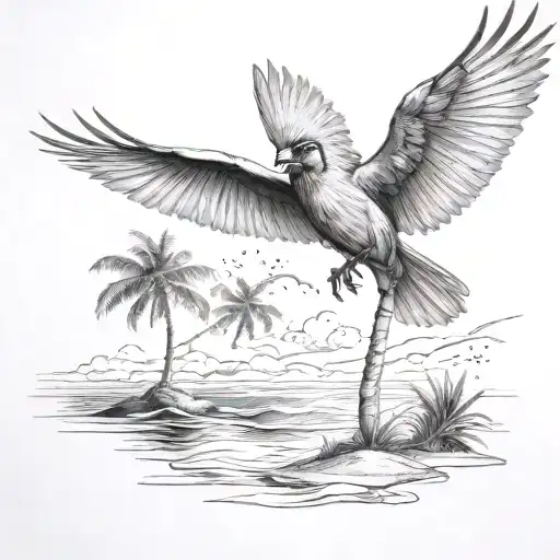 Flying Cardinal To The Ocean And Palm Tree