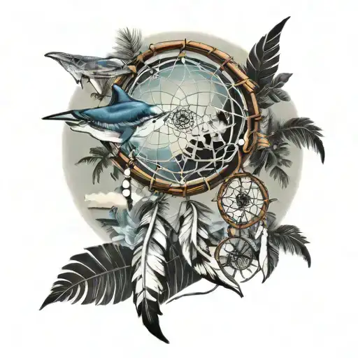 Dream Catcher In Hawaiian Style Shark Palm Trees