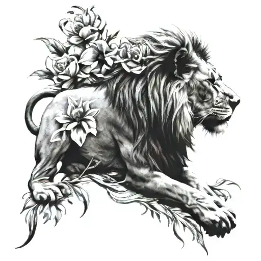 Lion And Flower Tattoo Design