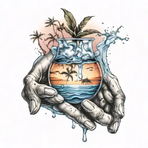 Feminine Hands Carrying Dripping Water With A Beach Sunset Inside The Water