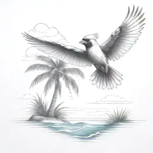 Flying Cardinal To The Ocean And Palm Tree