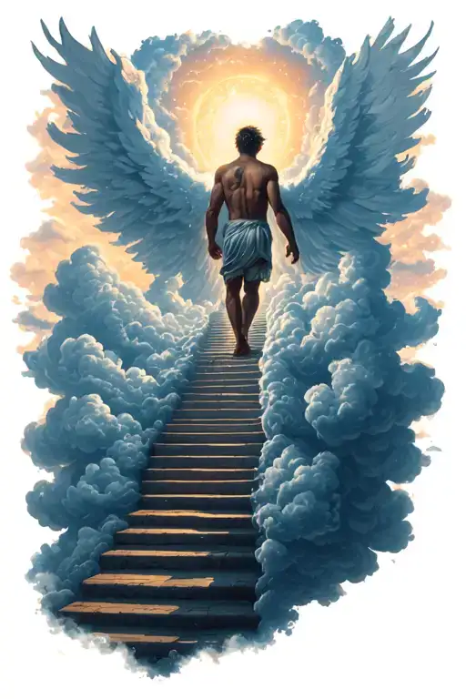 Stairway To Heaven Made Out Of Clouds With A Male Spirit Walking Up The Cloud Stairway Up To Heaven
