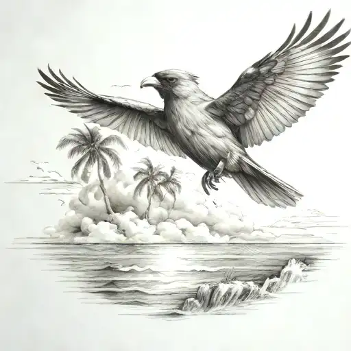 Flying Cardinal To The Ocean And Palm Tree With Clouds