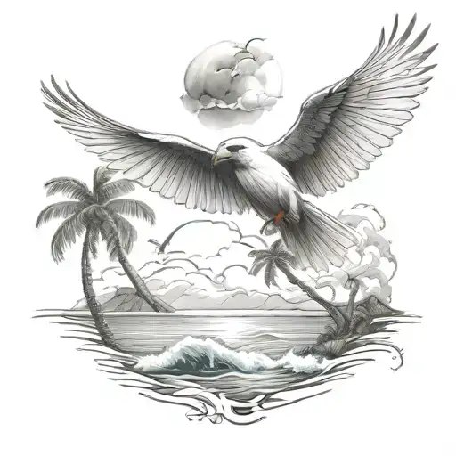 Flying Cardinal To The Ocean And Palm Tree With Storm