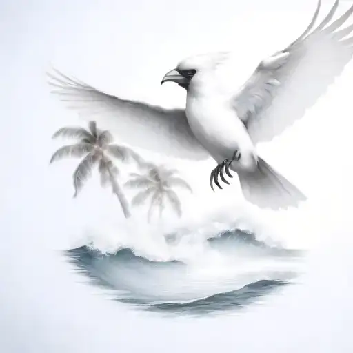 Flying Cardinal To The Ocean And Palm Tree With Big Wave