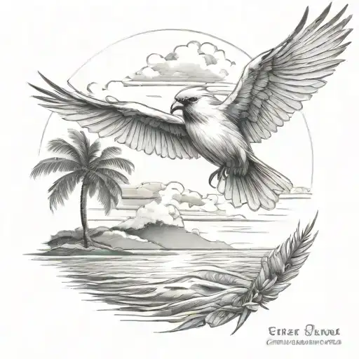 Flying Cardinal To The Ocean And Palm Tree With Storm