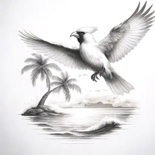 Flying Cardinal To The Ocean And Palm Tree With Big Wave