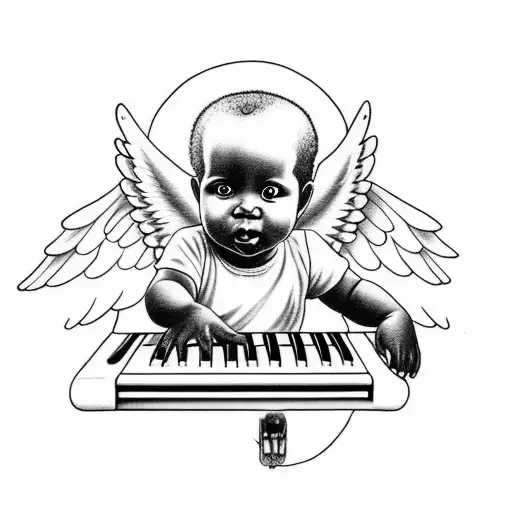Black Baby Angel Playing Soul Music On A Keyboard With Heavenly Background And Doves