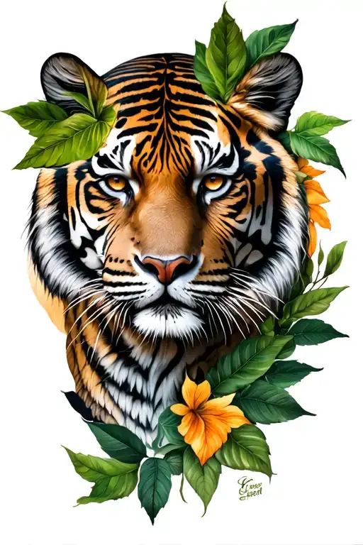 Tiger With Women Face And Leaves Fore Arm Sleeve