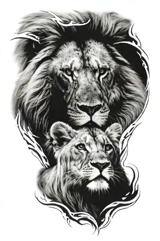 Lion Eyes In The Backgroud Looking Over Cubs Tattoo
