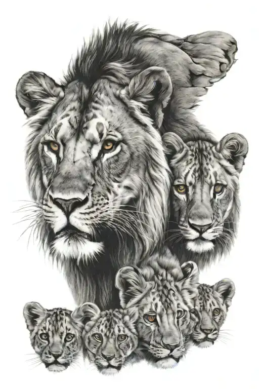 Lion Eyes Looking Over Cubs Tattoo