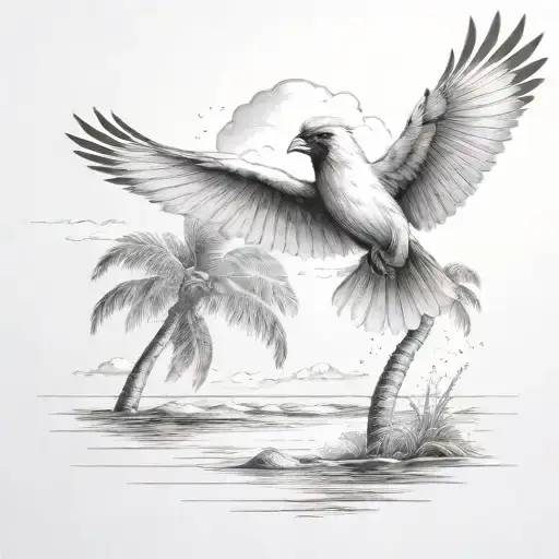 Flying Cardinal To The Ocean And Palm Tree