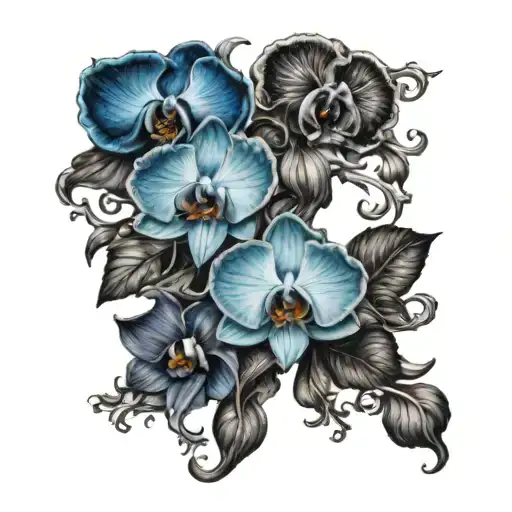 Cross With Blue Orchids And Black Roses Intertwined