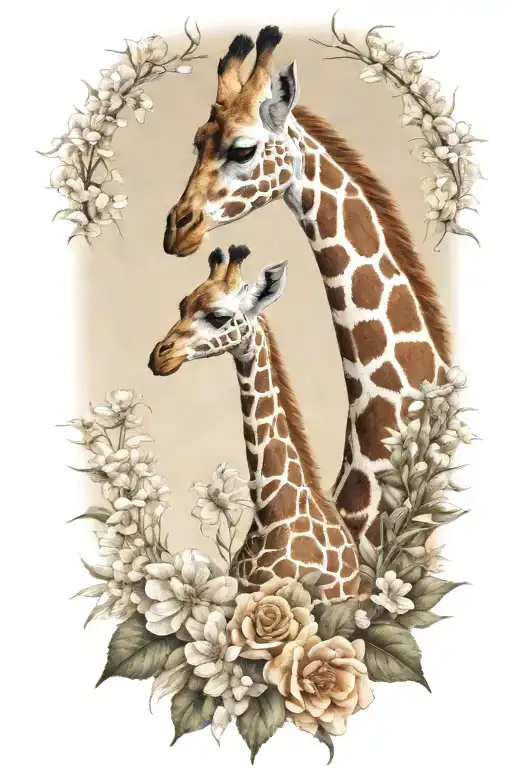Mother And Baby Giraffe Surrounded By Flowers