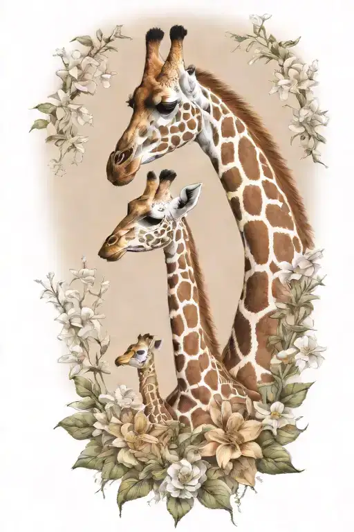 Mother And Baby Giraffe Surrounded By Flowers