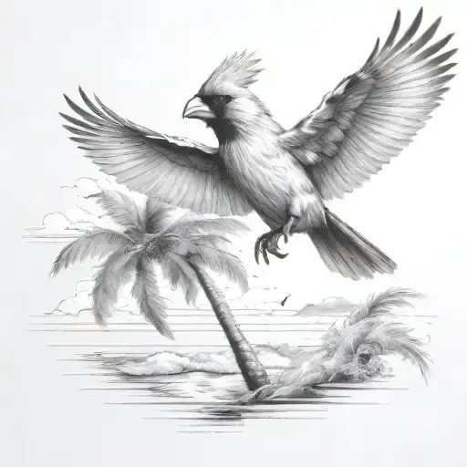Flying Cardinal To The Ocean And Palm Tree