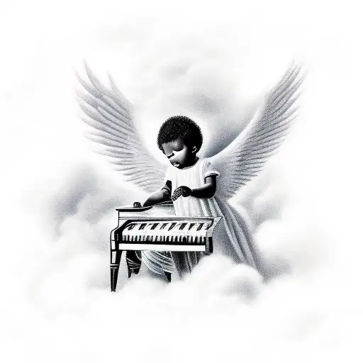 Black Baby Angel Playing Keyboard In Heaven With Doves Fly In Background