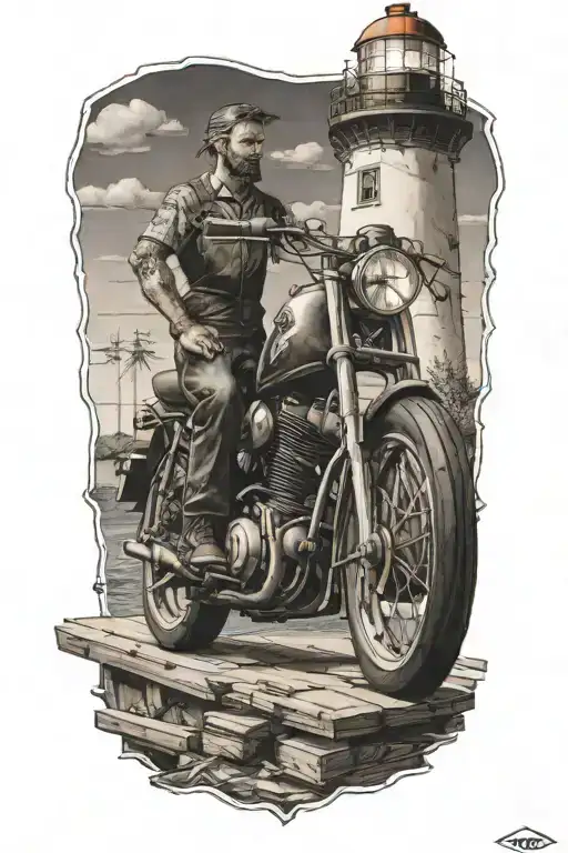 A Carpenter Building A Motorcycle With A Lighthouse In The Background