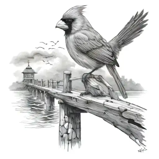 Cardinal And Wooden Bridge To The Ocean