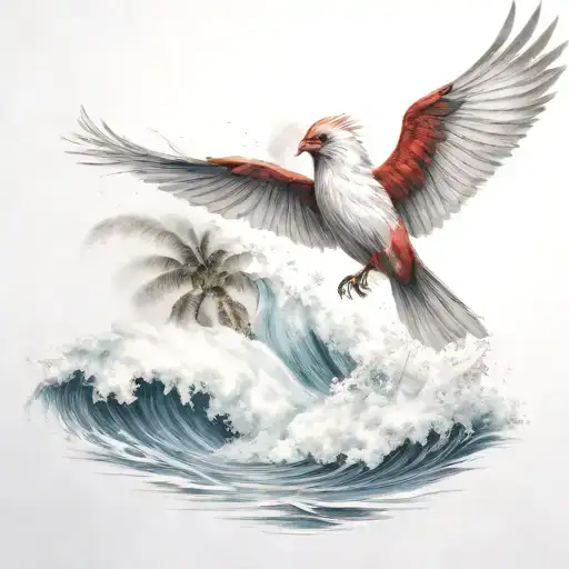 Flying Cardinal To The Ocean And Palm Tree With Big Wave