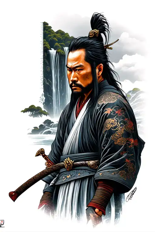 Japanese Ronin With Waterfall Behind With Linework