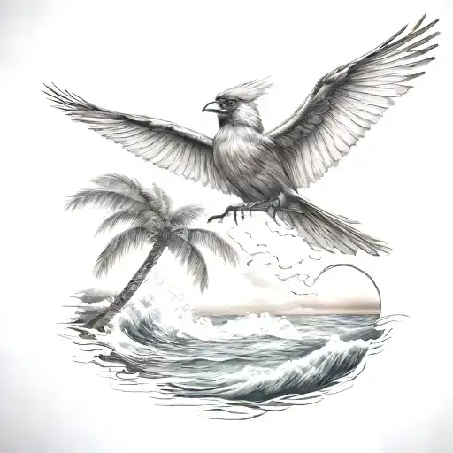 Flying Cardinal To The Ocean And Palm Tree With Ocean Wave