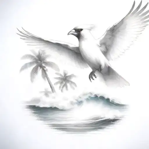 Flying Cardinal To The Ocean And Palm Tree With Big Wave
