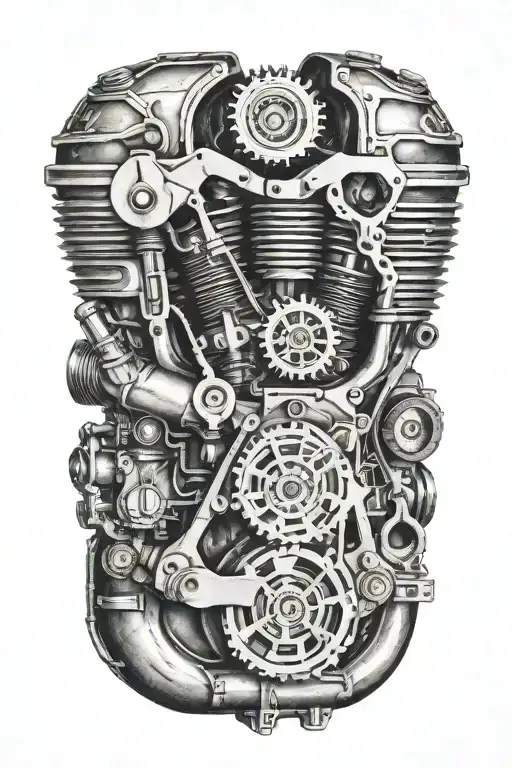 A Detailed Tattoo Of A Motorcycle Engine Intertwined With Carpentry Tools