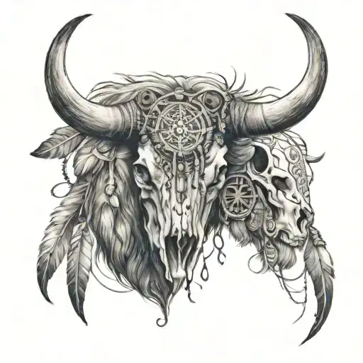 Buffalo Skull With Dream Catcher Hanging From One Of The Horns