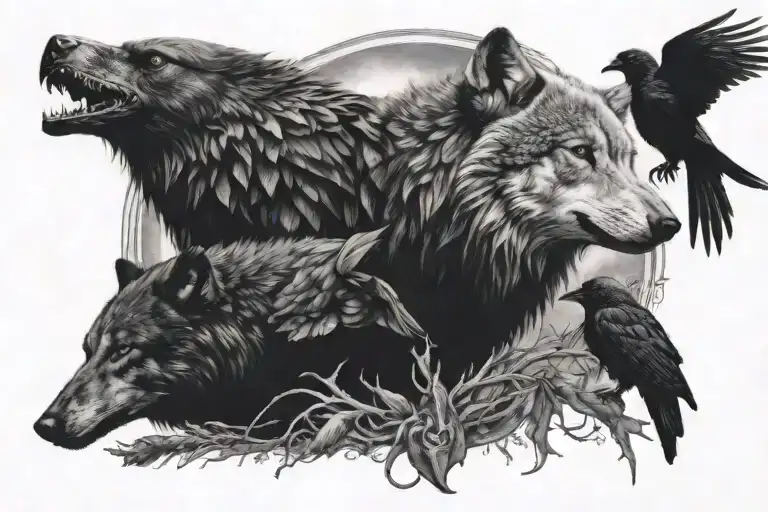 Wolf And Raven Hunting Together
