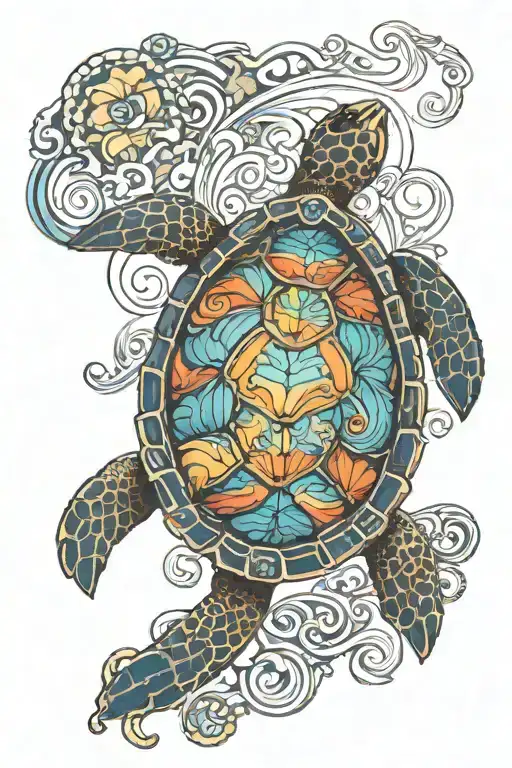 An Intricate Design Of A Sea Turtle Swimming Through A Kaleidoscope Of Colors Representing A Sunset