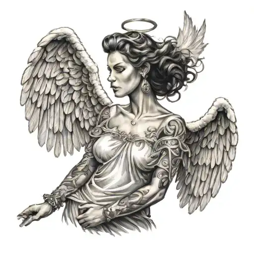 Angel Woman Wearing Dress Standing Tattoo