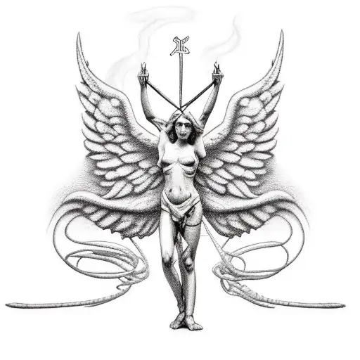 Angel With Arms Spread With Barb Wire Around Legs With The Word Stoic In Runes