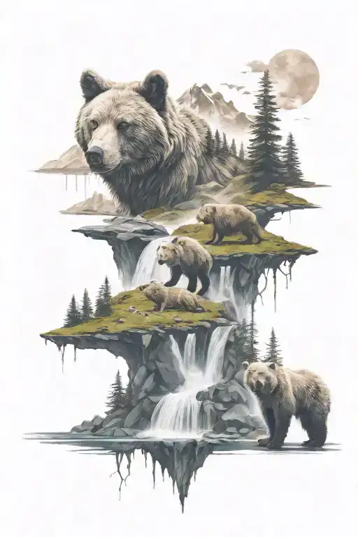 Mountains With Waterfalls And Grasslands With Bears And Wolves In The Background