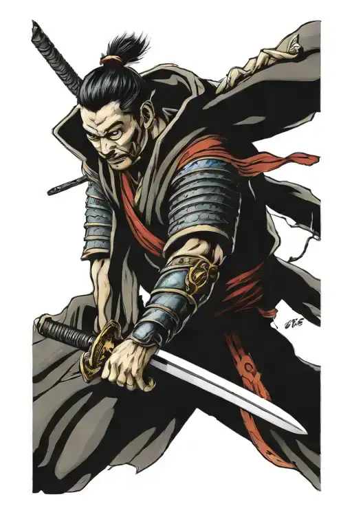 A Colored Tattoo Design Of A Samurai Sharpening His Sword With A Piece Of Bone